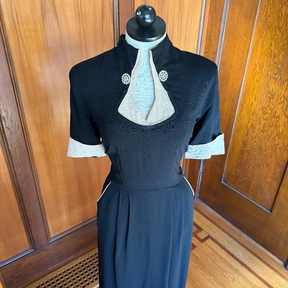 Vintage 40s 50s Black Cocktail Evening Dress w/ White Gold Lurex Rhinestones, XL - Picture 1 of 9